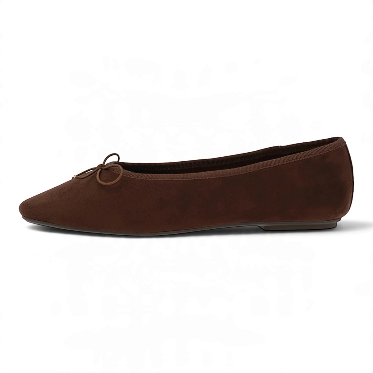 Espresso brown square-toe ballet flat with small bow detail at the vamp