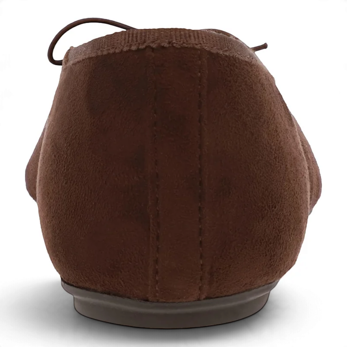 Espresso brown ballet flat back view with bow tie detail and stitched heel