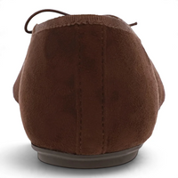 Espresso brown ballet flat back view with bow tie detail and stitched heel