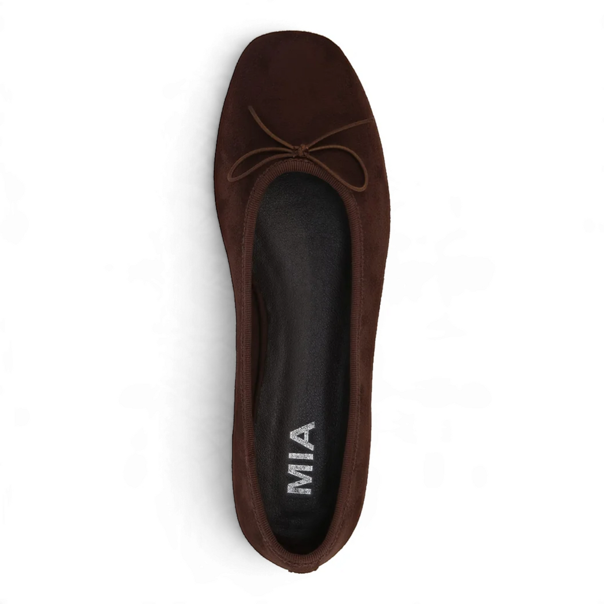 Espresso brown ballet flat interior with “MIA” logo on the lining