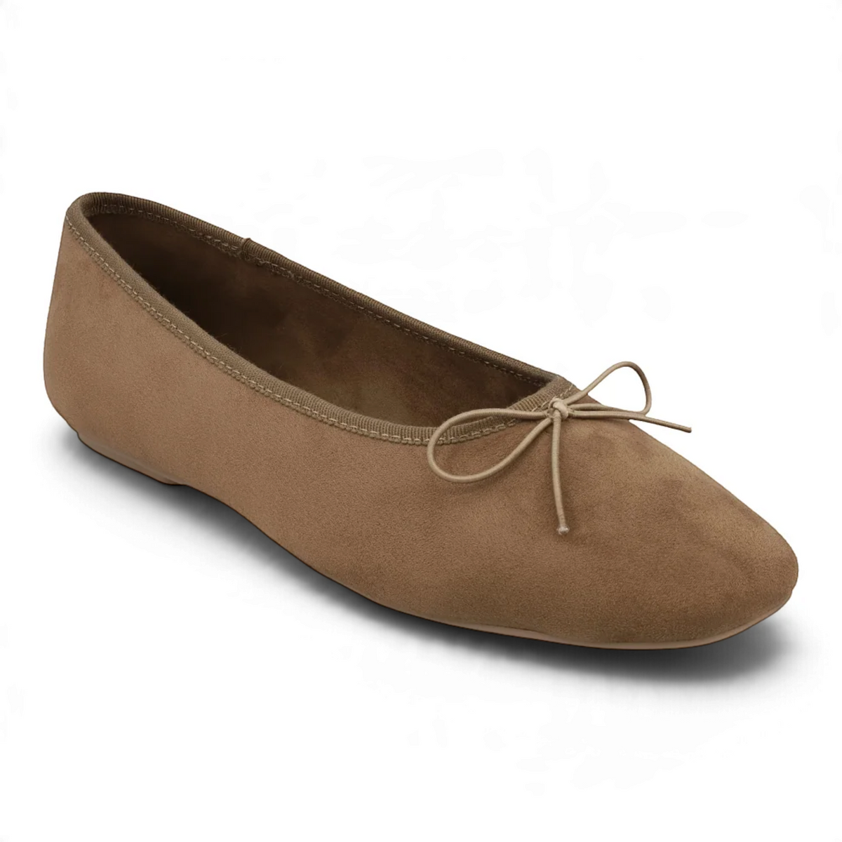 Stone tan square-toe ballet flat with lace bow tie at the front