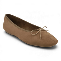 Stone tan square-toe ballet flat with lace bow tie at the front