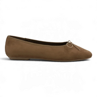 Stone tan square-toe ballet flat with bow detail and smooth slip-on shape