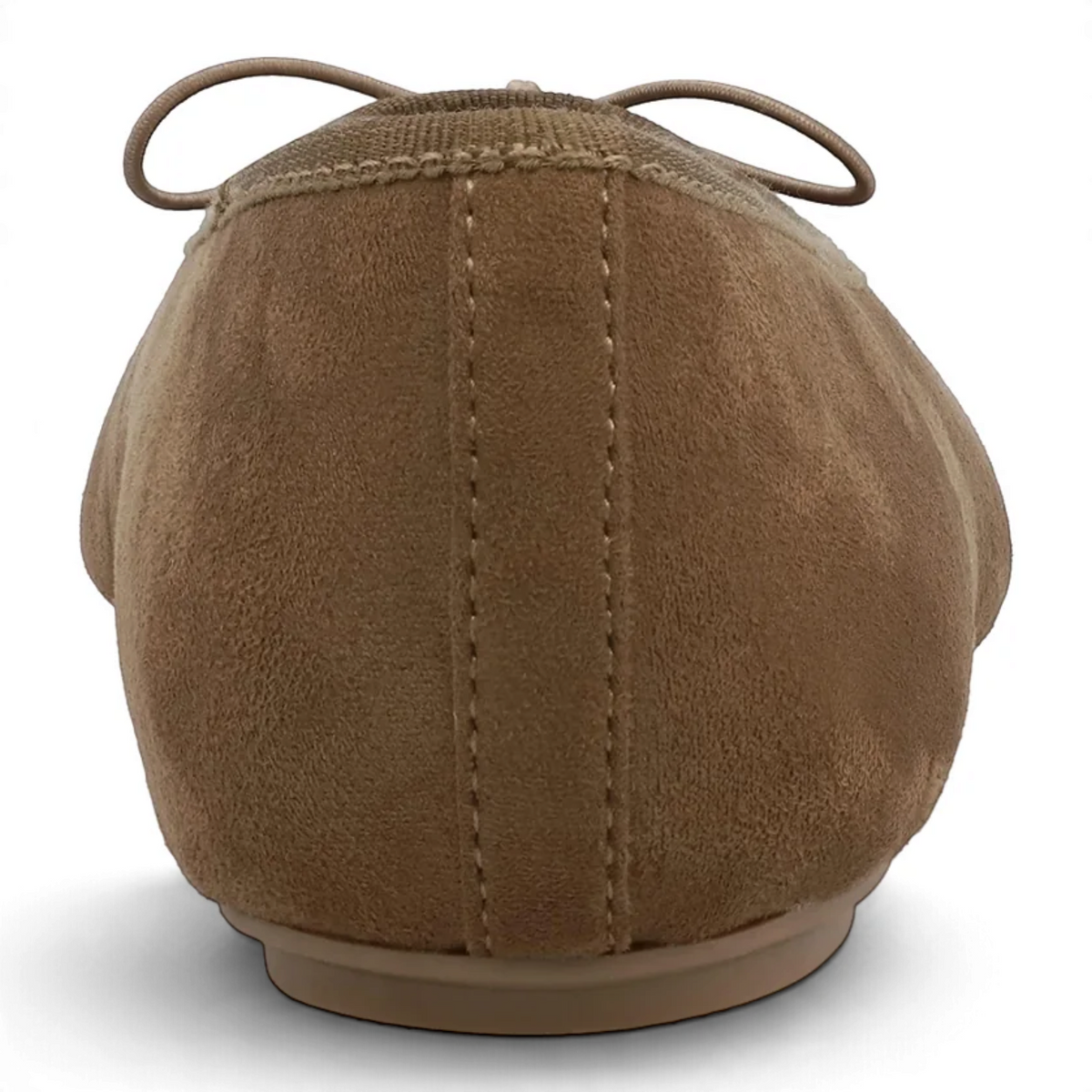 Stone tan ballet flat back view with bow loops and stitched center seam