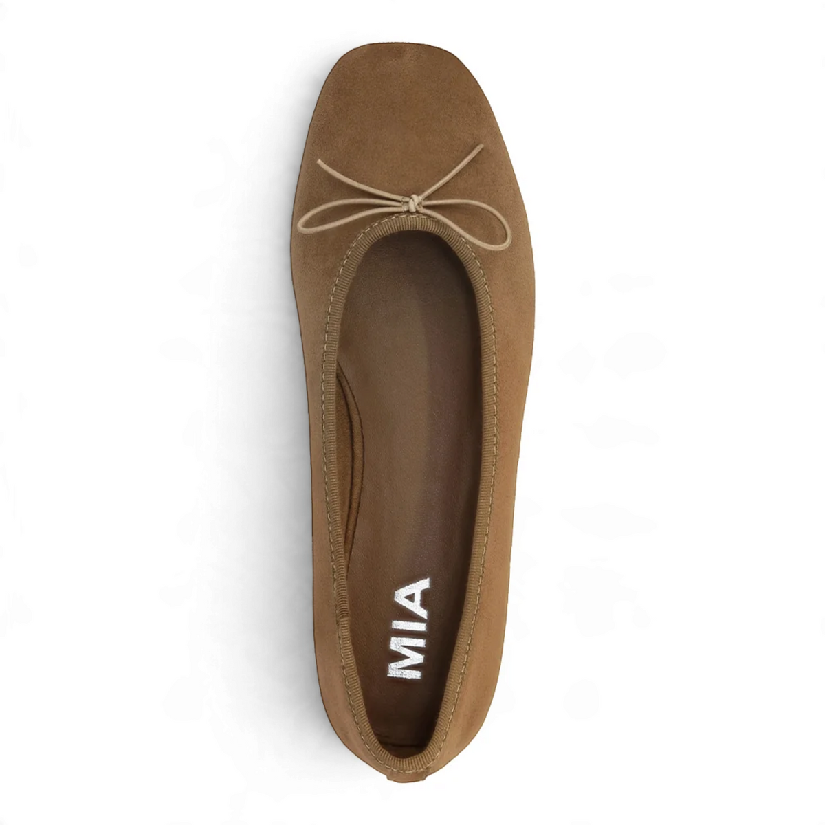 Stone tan ballet flat interior view with “MIA” logo on the lining