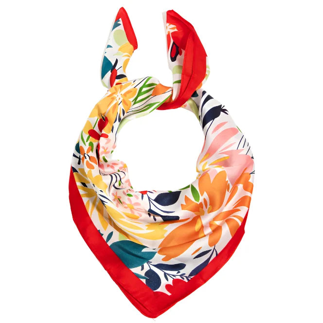 Colorful abstract floral print scarf with vibrant flowers and a red border