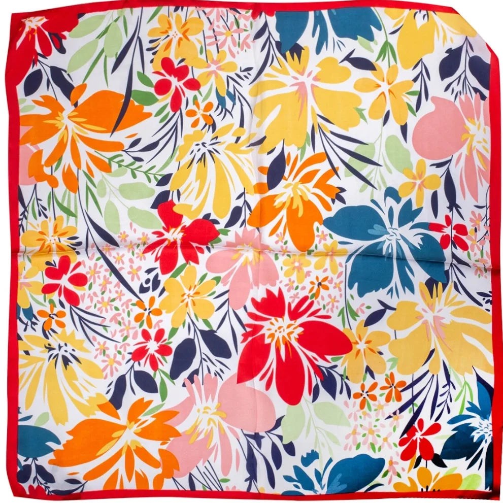 Colorful Abstract Floral Print Scarf with a Red Border, perfect for stylish accessorizing