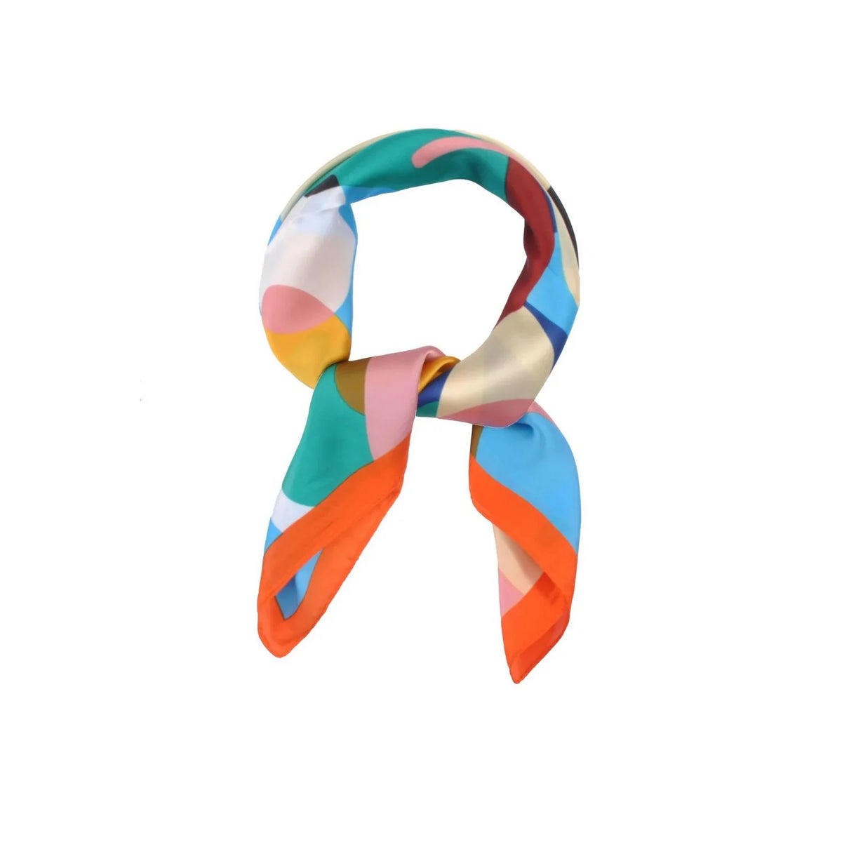 Colorful silk Abstract Flower Print Square Scarf tied in a loop with geometric patterns