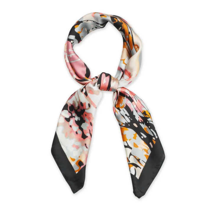 Colorful patterned Abstract Satin Scarf elegantly tied in a loop for stylish fashion