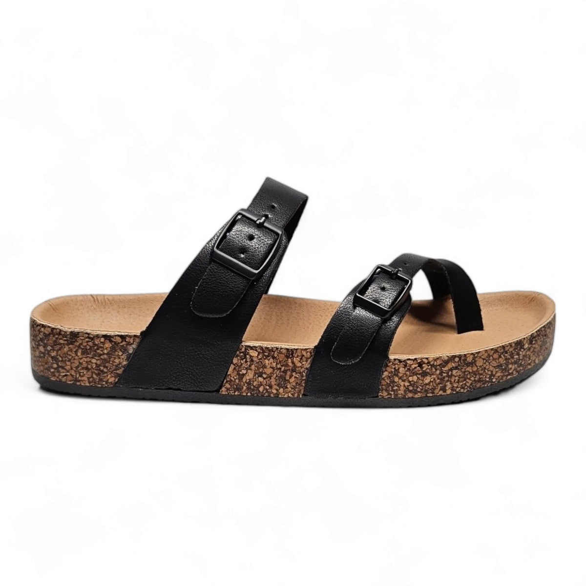 Black leather Adjustable Birk Sandals with cork-like sole and two adjustable straps