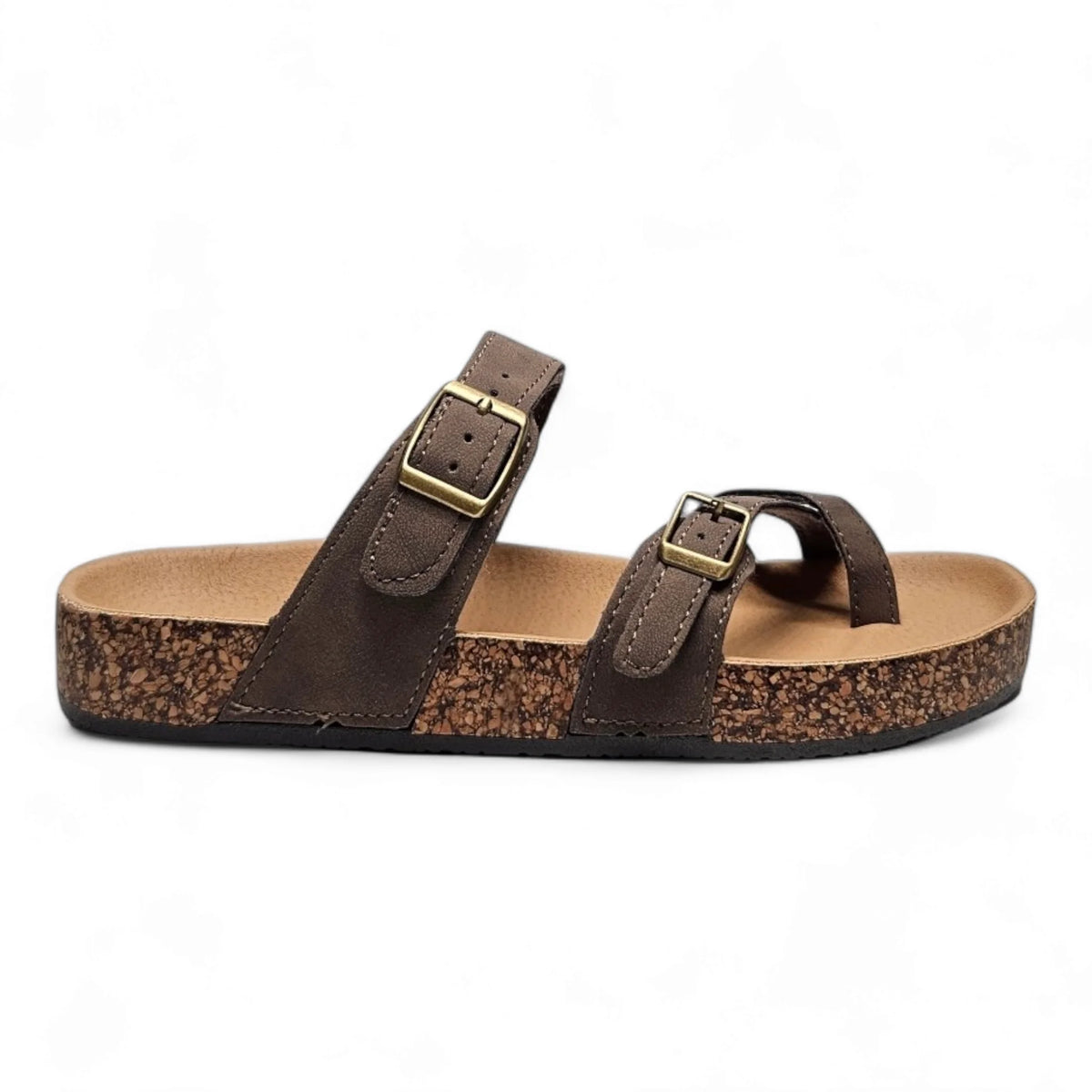 Brown leather Adjustable Birk Sandals featuring two straps and a cork-like sole