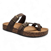 Brown leather Adjustable Birk Sandals with cork-like sole and two adjustable straps