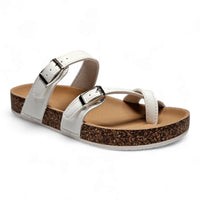 White leather Adjustable Birk Sandals with cork-like sole and two adjustable straps