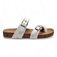 White leather Adjustable Birk Sandals with buckled straps and cork-like sole