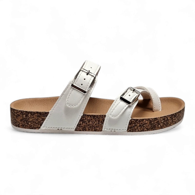 White leather Adjustable Birk Sandals with buckled straps and cork-like sole