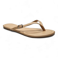 Beige leather flip flops with thin strap and buckle, perfect for stylish summer wear