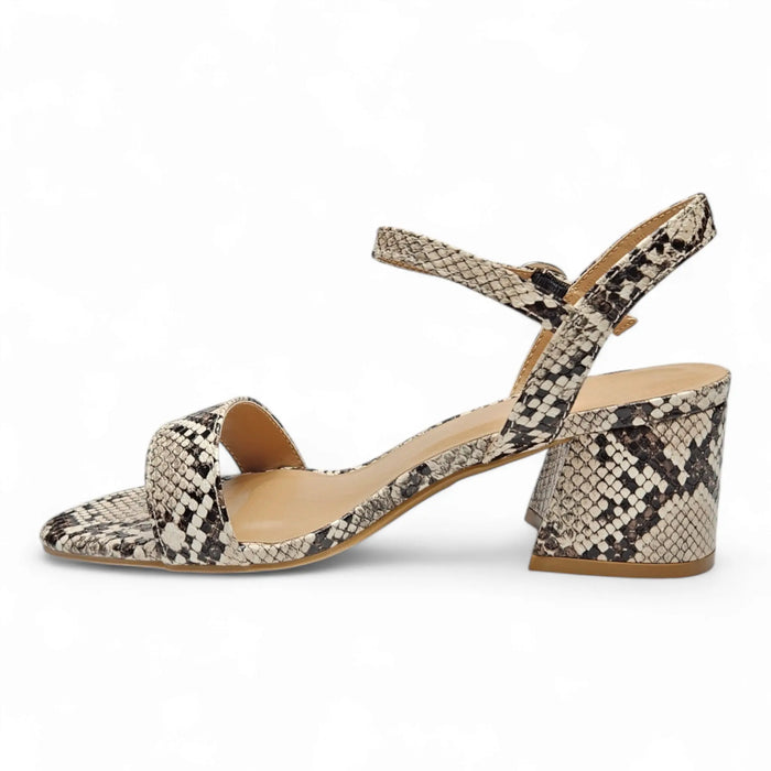 Snakeskin-patterned Ageless Quarter Strap Block Heel sandal with chunky heel and ankle strap