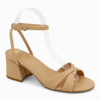 Beige leather Ageless Criss Cross Block Heels Sandals with chunky heel and ankle strap