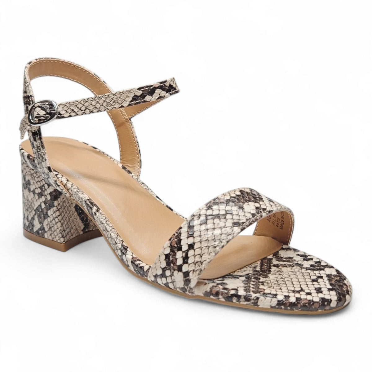 Snake print sandal with chunky block heel and ankle strap from Ageless Quarter Strap