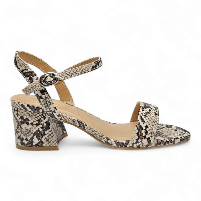 Snake print Ageless Quarter Strap Block Heel sandal with chunky heel and ankle strap