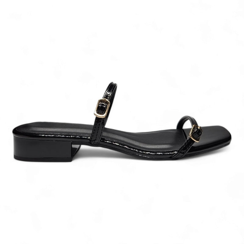 Black patent leather sandals with a low heel and ankle strap from Airy Double Band