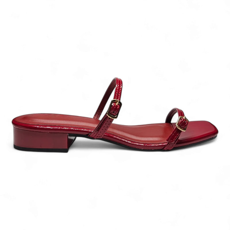 Red patent leather Airy Double Band Low Heel sandal with thin straps and block heel