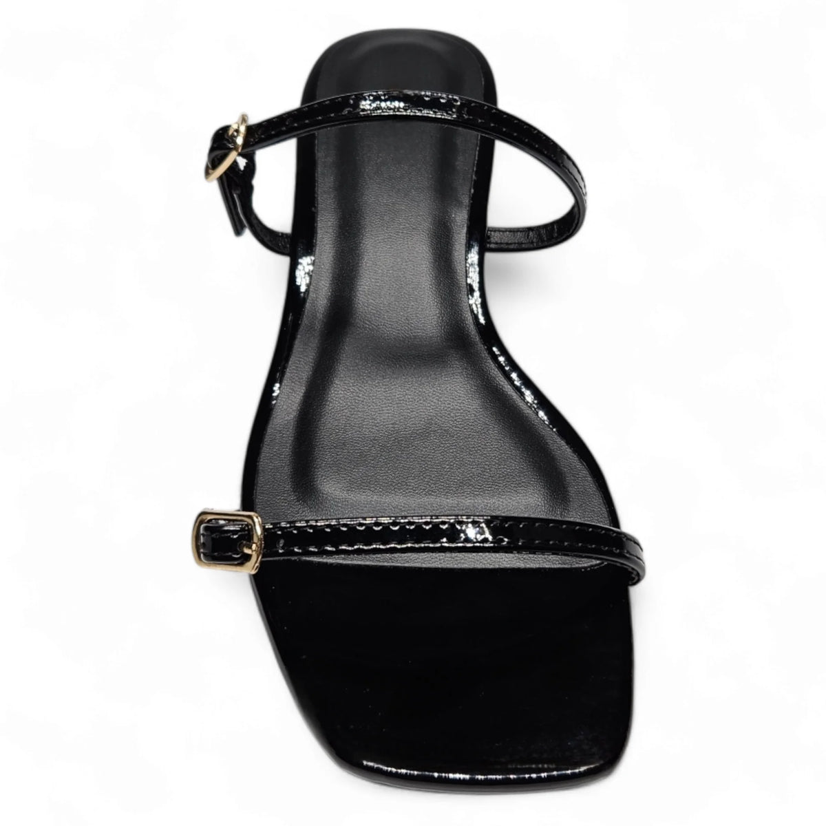 Black patent leather Airy Double Band Low Heel sandal with square toe and ankle straps