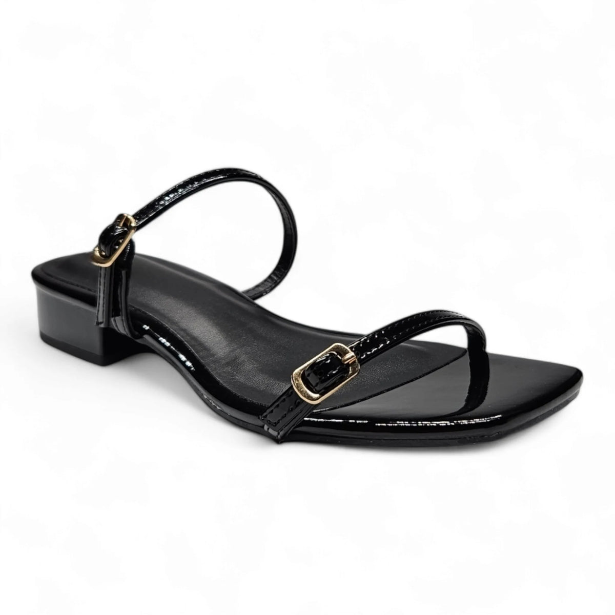 Black patent leather Airy Double Band Low Heel sandal with thin straps and a low block heel