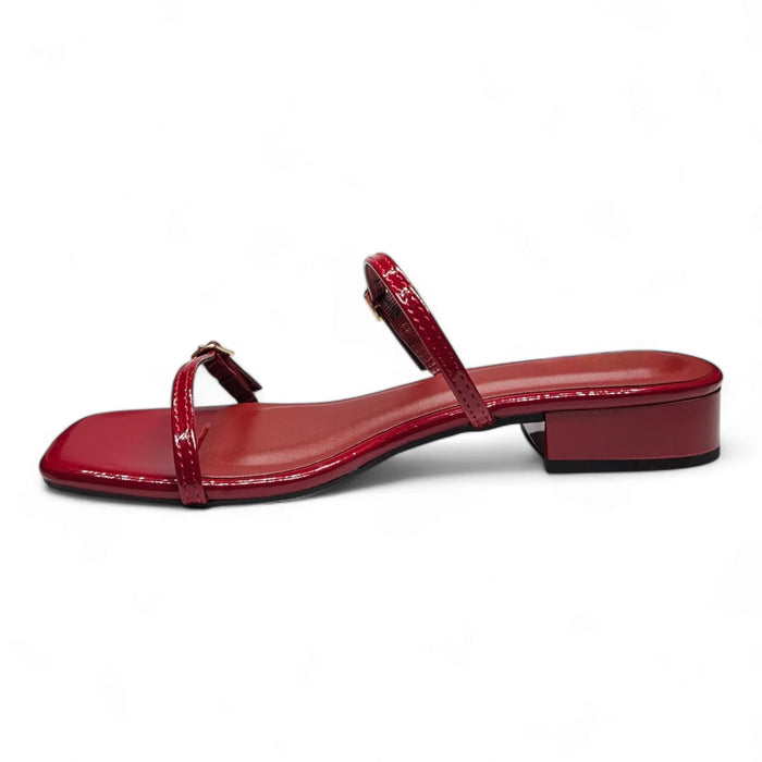 Red patent leather Airy Double Band Low Heel sandal with a stylish low block heel