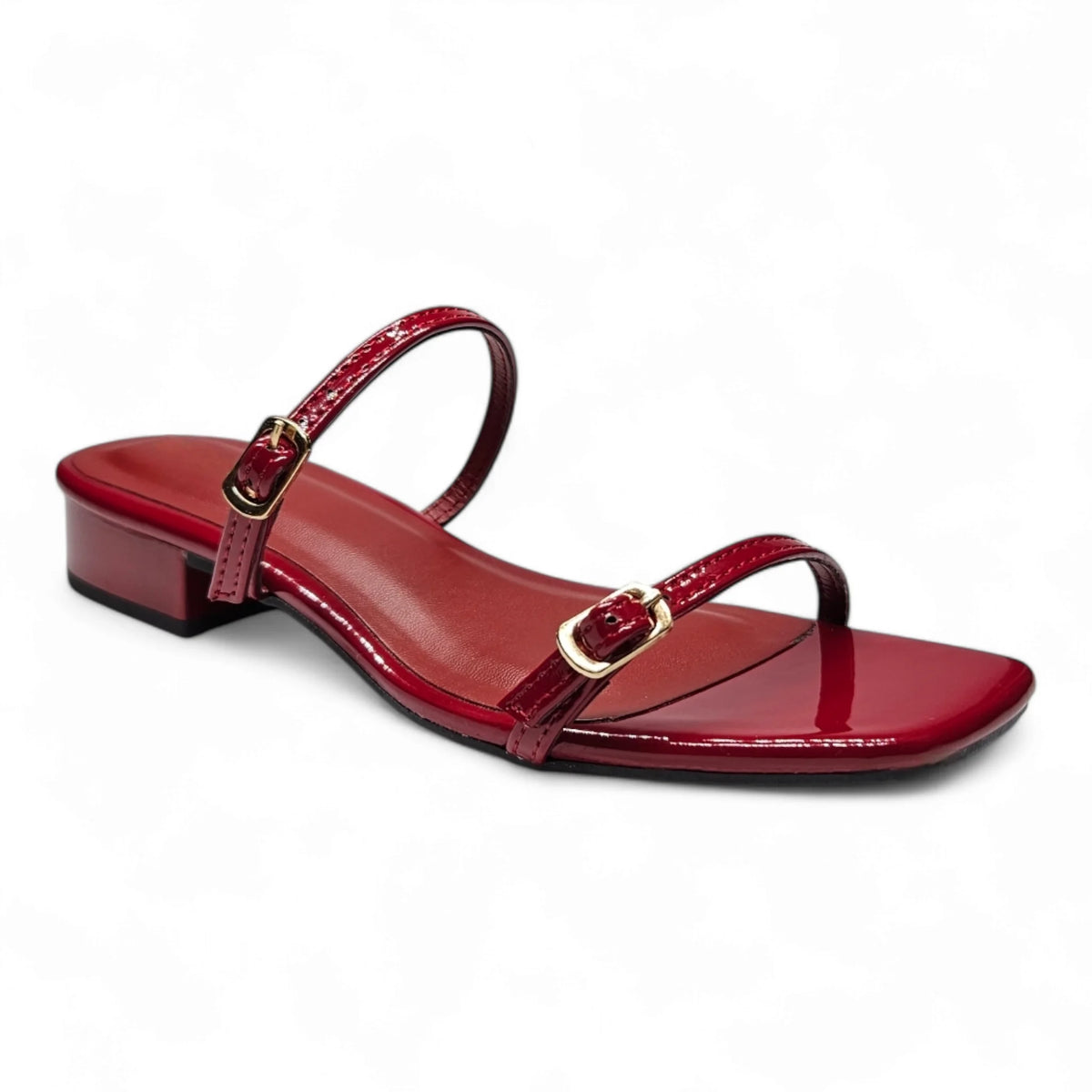 Red patent leather Airy Double Band Low Heel sandals with thin straps