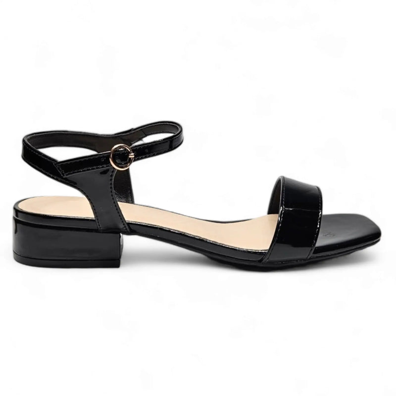 Black patent leather Like Air Sandal with low block heel and ankle strap