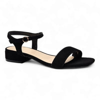 Black flat air sandal with ankle strap and low heel for stylish comfort