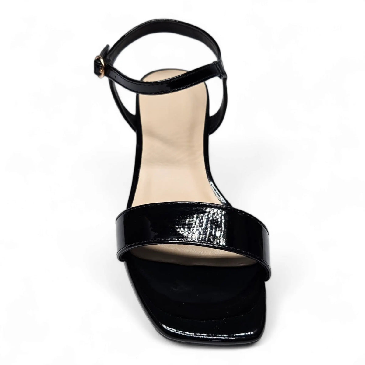 Black patent leather Like Air Sandal with ankle strap and block heel for stylish comfort