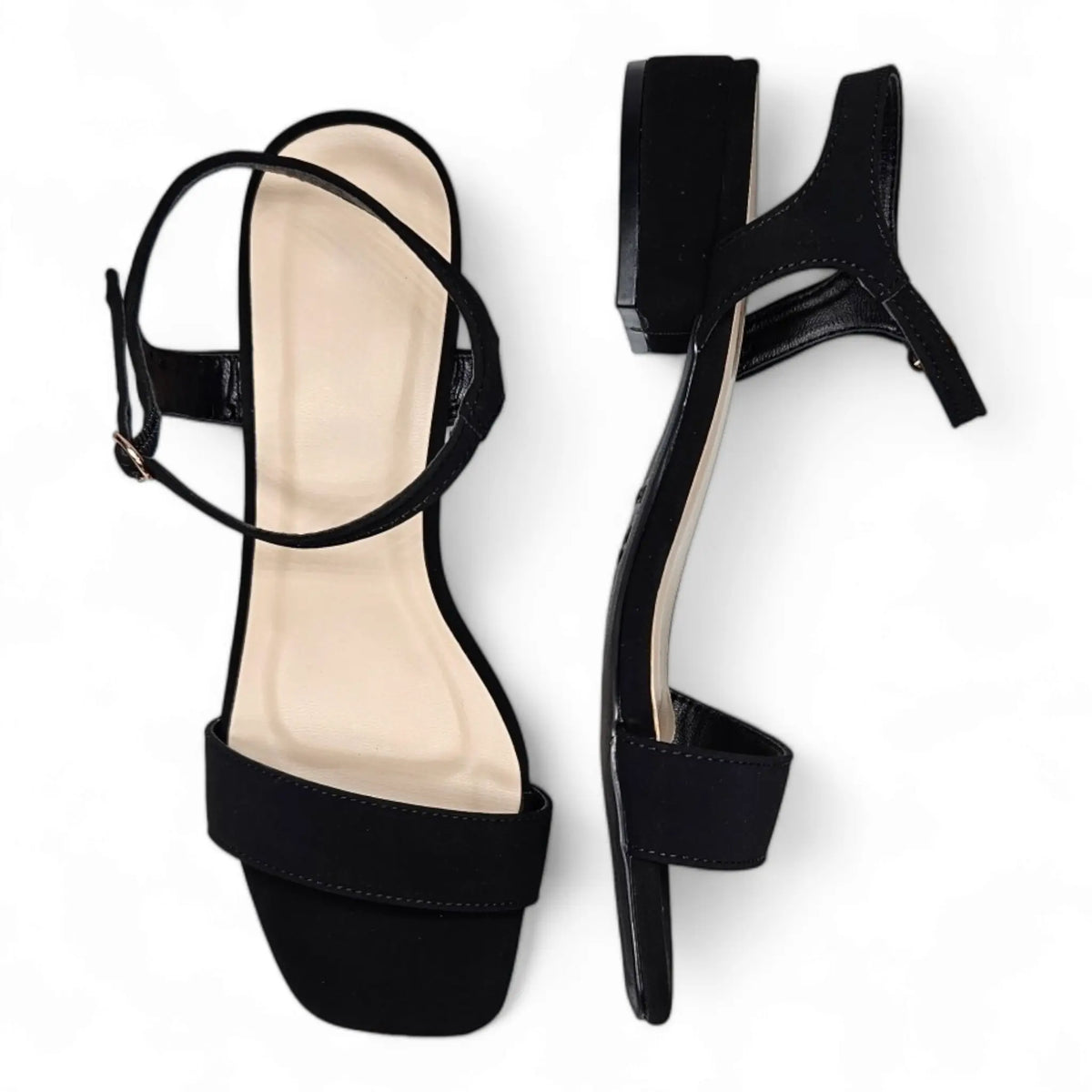 Black strappy Like Air Sandal with low block heels for stylish comfort