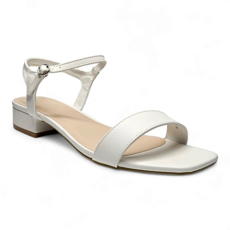 White leather Like Air Sandal with low block heel and ankle strap for stylish comfort