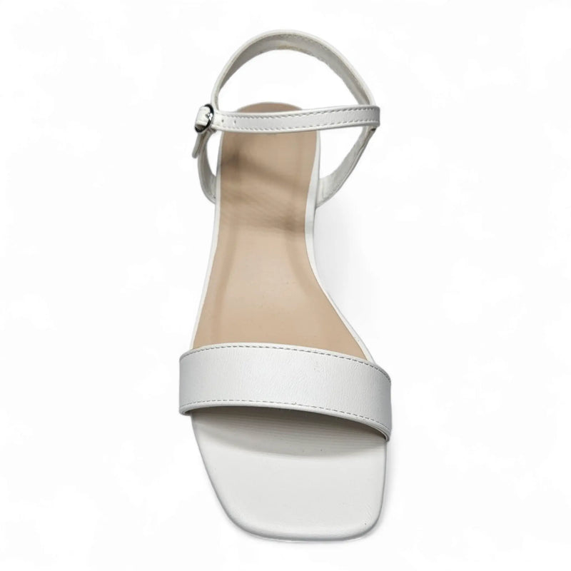 White leather air sandal with a thin ankle strap and square toe design