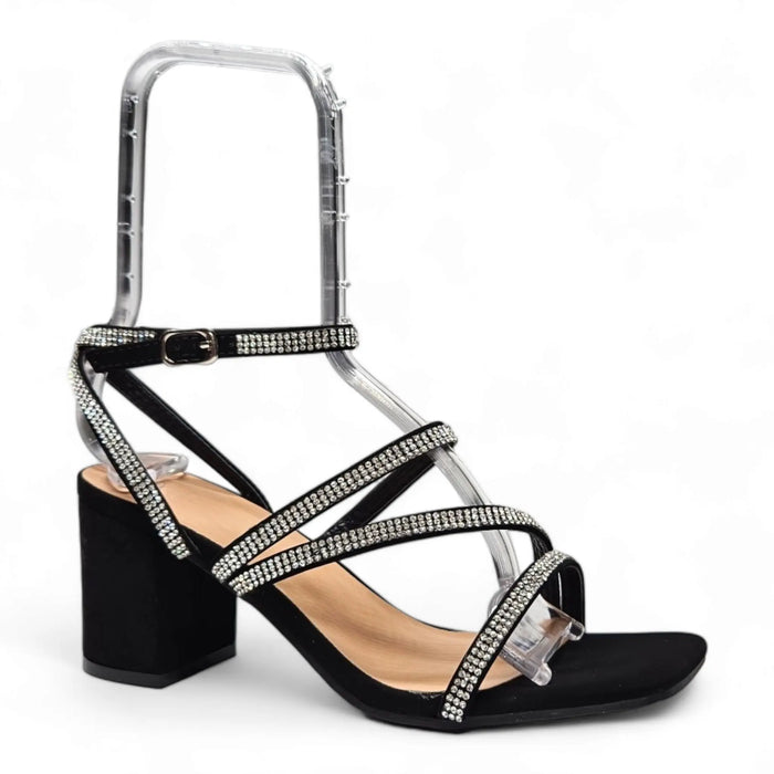 Black Strappy Sandal with Rhinestones and Chunky Heel - Sparkle Night Heel