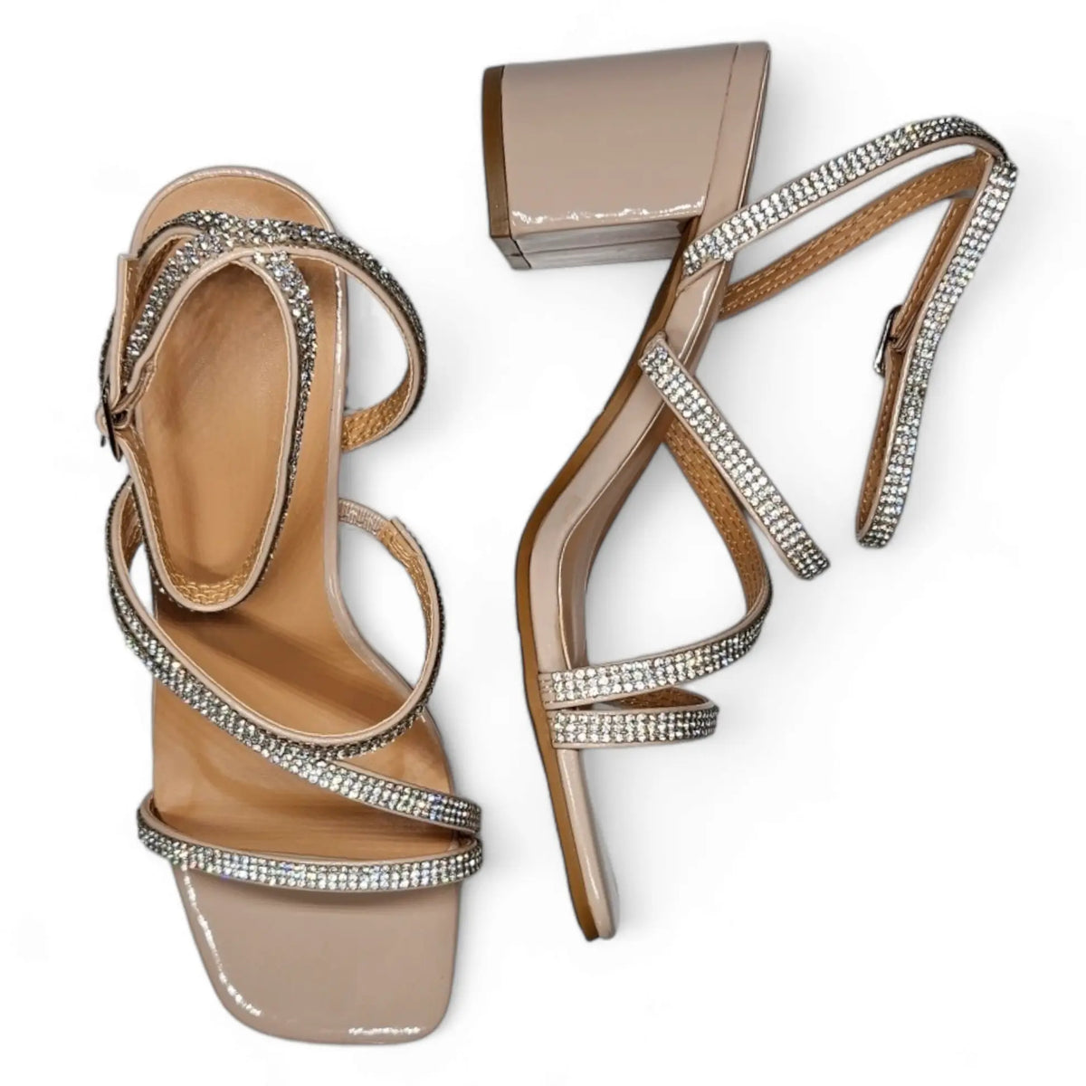 Beige high-heeled sandals with rhinestone straps from Sparkle Night Heel collection