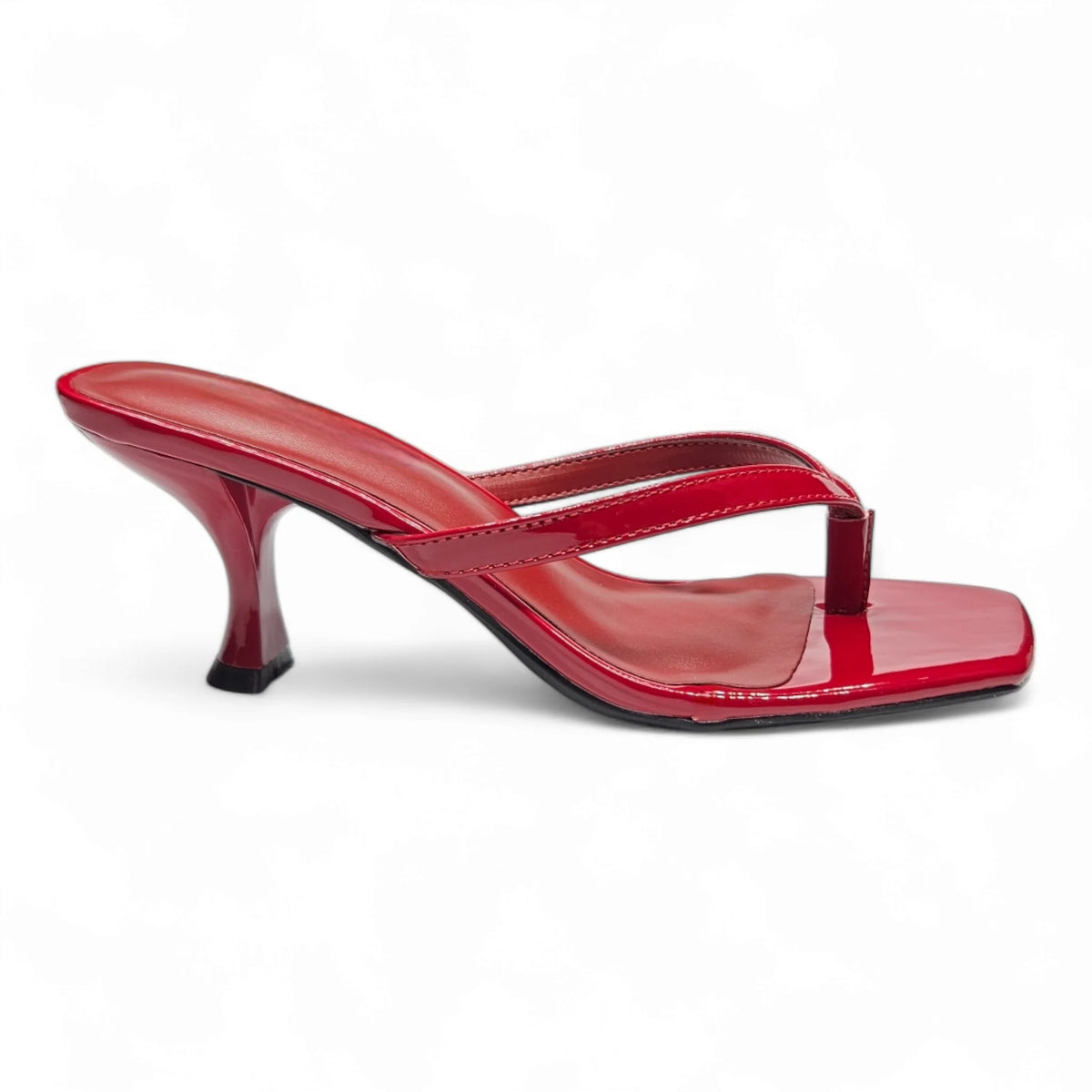 Red patent leather Align Thong Kitten Heel with curved heel for stylish crinkle kitten look