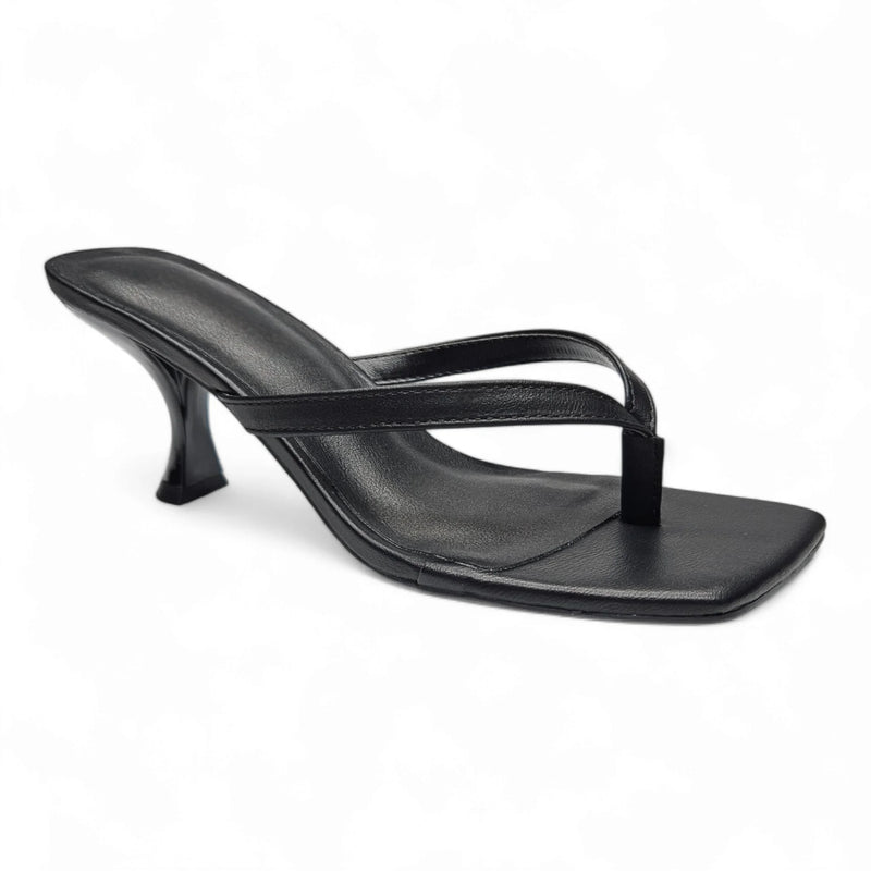 Black leather thong sandal with curved heel from the Align Thong Kitten Heel collection