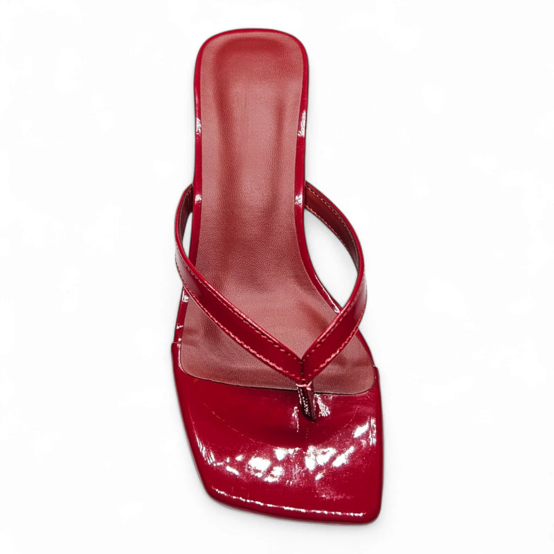 Red patent leather Align Thong Kitten Heel with crossed straps and square toe