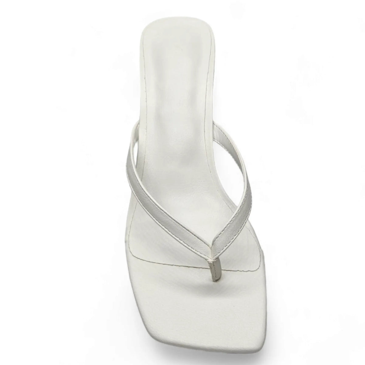 White flip-flop sandal with square toe and thin strap from Thong White Crinkle Kitten Heel