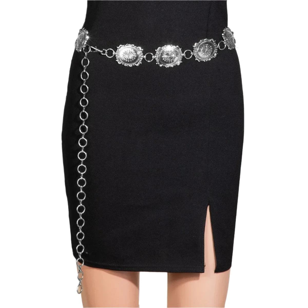 Ornate Almond Concho chain belt with medallions over a black skirt for stylish outfits