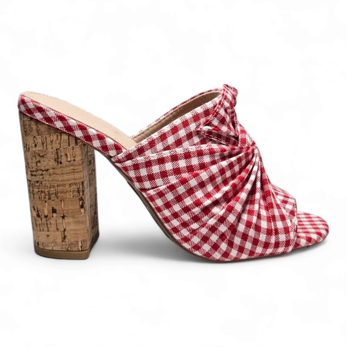 Red and white gingham Peep-Toe Picnic Mule with cork block heel for stylish summer footwear