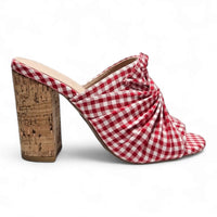 Red and white gingham Peep-Toe Picnic Mule with cork block heel for stylish summer footwear