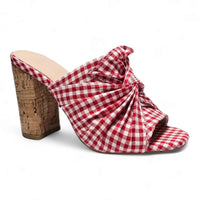 Red and white gingham high-heeled sandal with cork block heel, perfect picnic mule