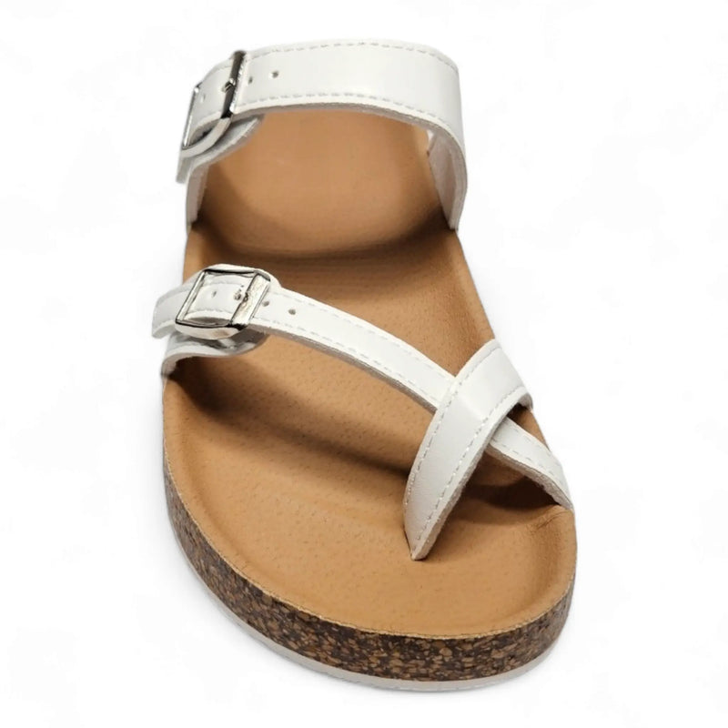 White leather Adjustable Birk Sandals with buckled straps and cork-like sole