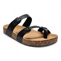 Black leather adjustable Birkenstock sandals with cork-like sole and multiple straps