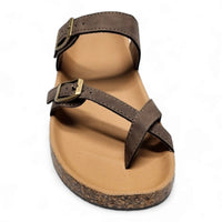 Brown leather Birkenstock adjustable sandals with buckled straps and cork-like sole