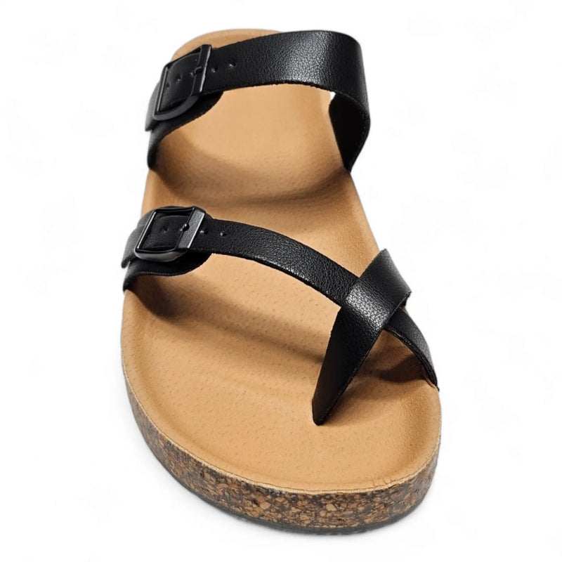 Black leather Birkenstock Adjustable Sandals with two buckle straps and cork sole